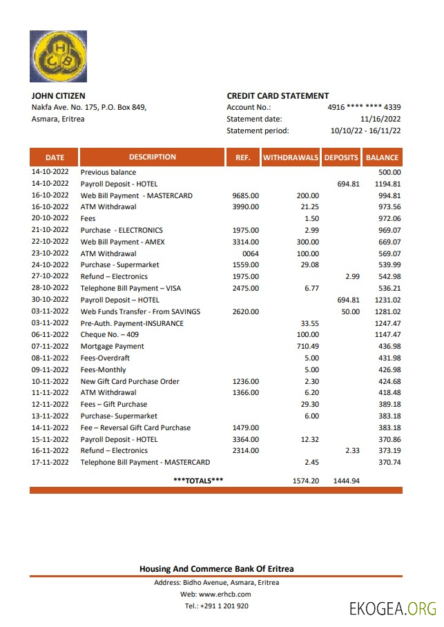 Déclaration de la Banque érythréenne du logement et du commerce